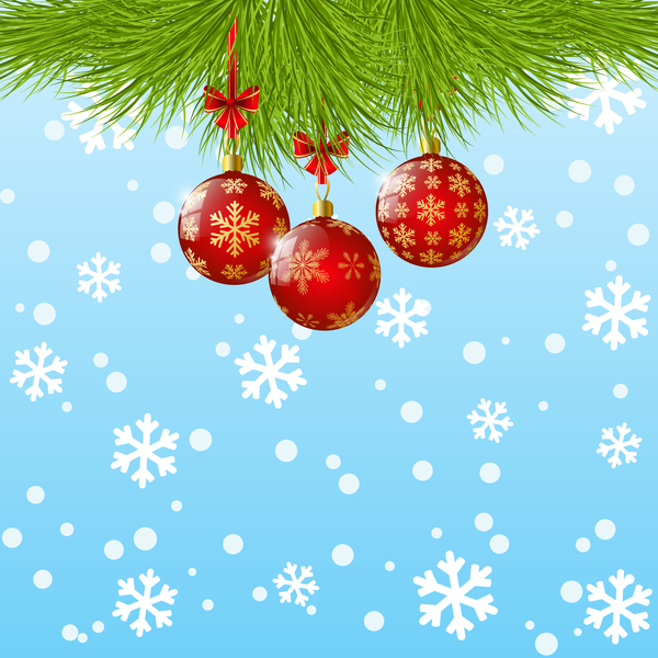 Xmas red balls decor with snowflake background vector  