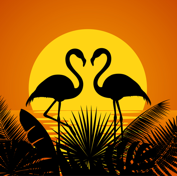 tropic flaming with sunset background vector  