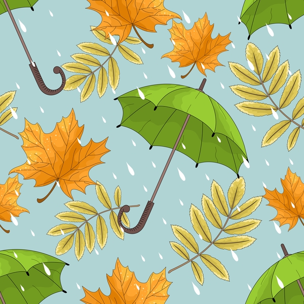 Nahtloser Mustervektor des Herbstlaubs und der Regenschirme  