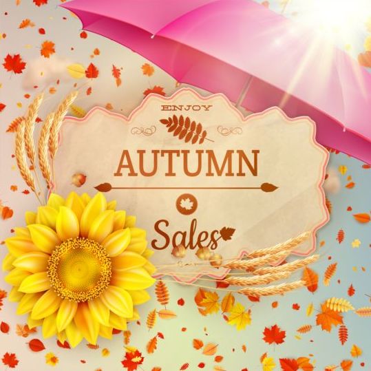 Herbstverkaufseetiketten mit Sonnenblume und Blättergrundvektor 03  