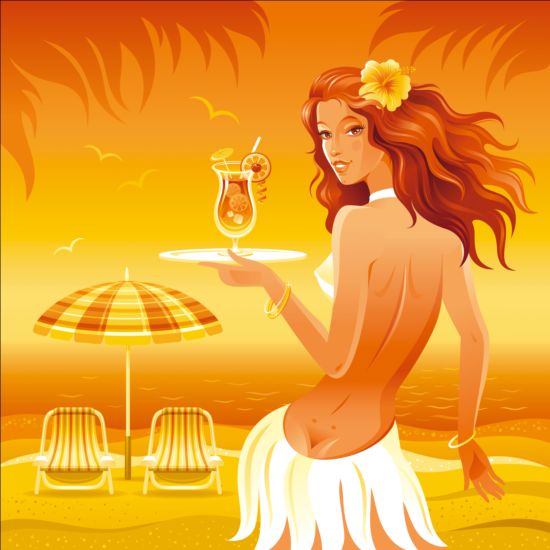 Beautiful girl with summer beach background vector 07  