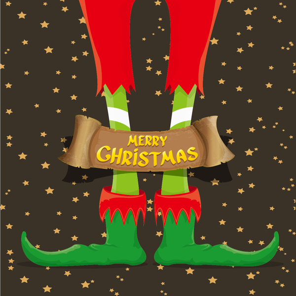 Cartoon elfs legs with retro christmas banner vector 07  