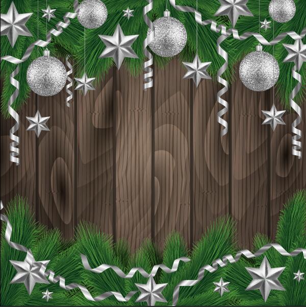 Christmas grannlåt ram med trä bakgrund vektor  