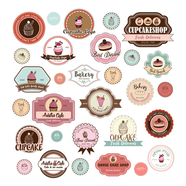 Cup cake badge with labels retro vector 10  