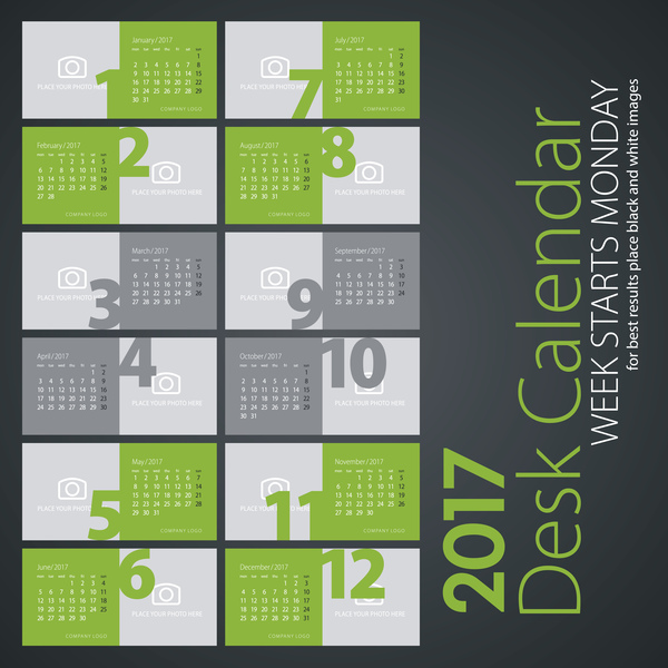 Skriv bords kalender 2017 ljusgrön färg vektorer  