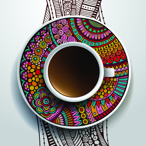 Ethnic pattern ornaments and coffee cups vector 01  
