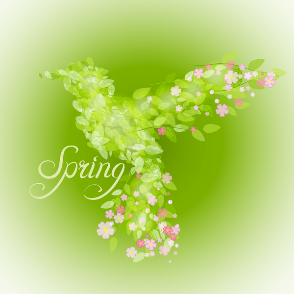 Feuilles vertes avec fleurs et oiseaux printemps vecteur 01  