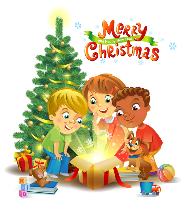 Enfants avec matériel de vecteur de cadeau de Noël 03  