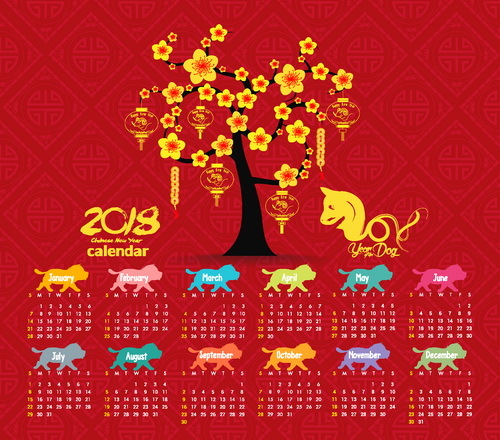 赤2018カレンダー中国スタイルのベクトル  