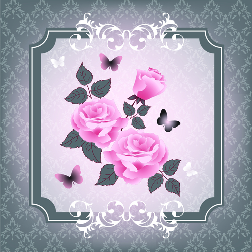 Beautiful pink roses with vintage background vector 04  