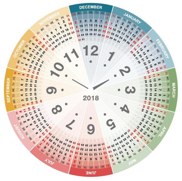 Runder Kalenderschablonenvektor der Farbe 2018  