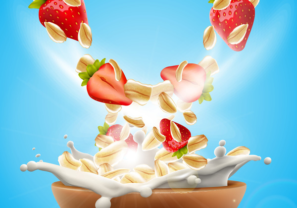 Erdbeere mit Haferflocken und Milch spritzen Werbungsfliegervektor 03  