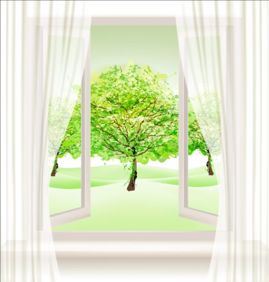 여름, 자연, 배경,와, 열린 창,와 ..., 녹색 나무 벡터  