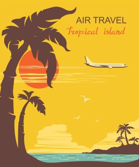Tropische Insel Flugreise Vintage-Plakatvektor 04  