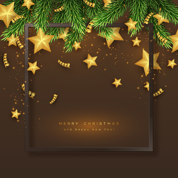 braune Weihnachtskarte mit goldenen Sternen und Tannenbaumvektor  