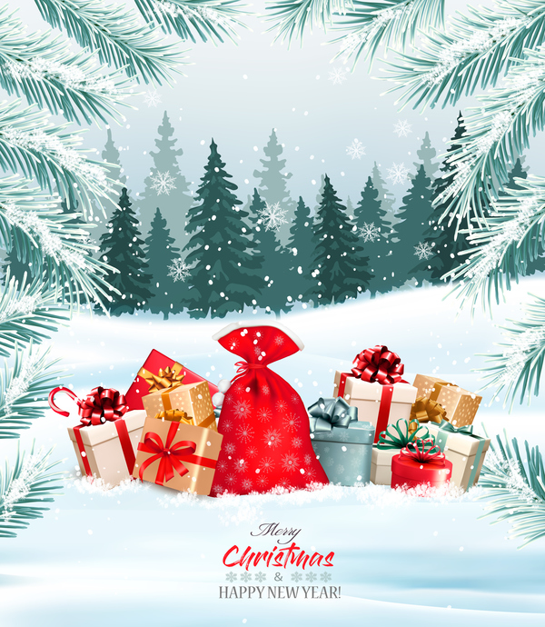 Feiertagshintergrund mit Weihnachtszweig des Baums und des Geschenkvektors  