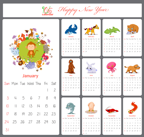 lovely animal calendar 2016 vector graphics 02  