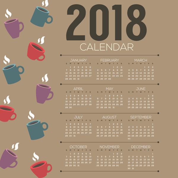 Modèle de calendrier 2018 avec le vecteur de café 02  