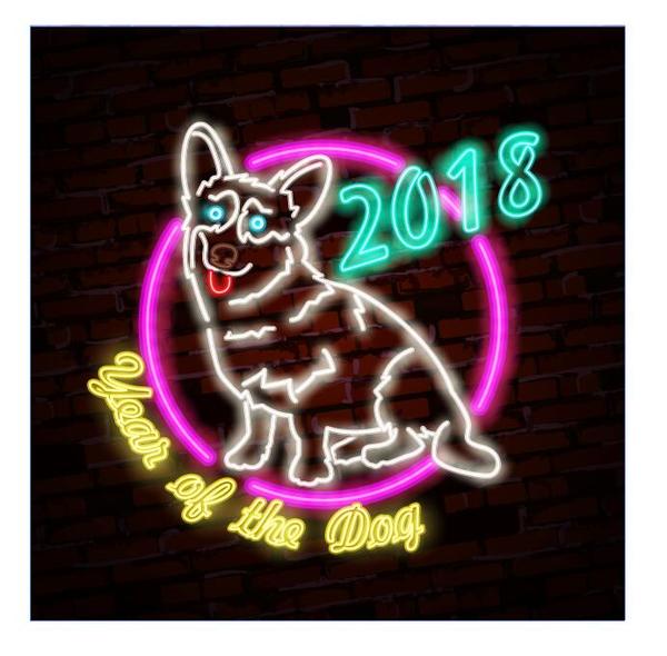Neonzeichen 2018 des neuen Jahres mit Hundevektor  