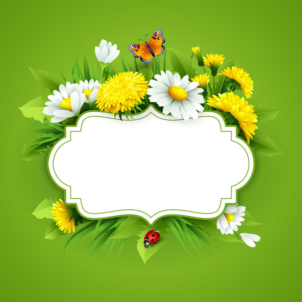 Leerer Aufkleber mit Frühlingsblume und grünem Hintergrundvektor 03  