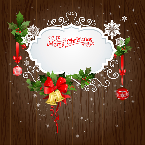 Christmas holly berries with baubles and wood background vector  