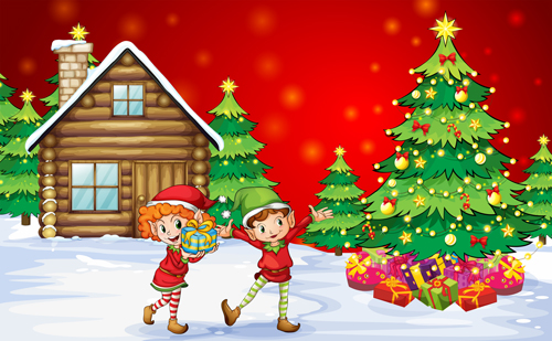 Cute Children and Christmas tree vector 02  