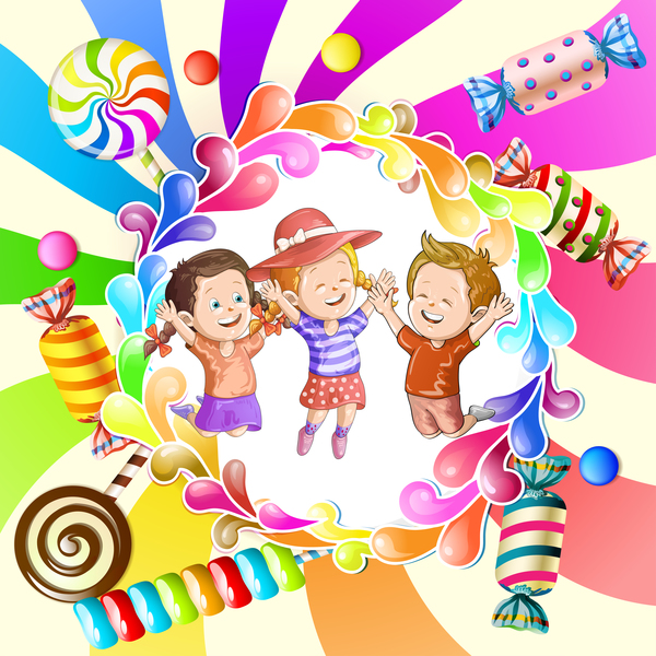 Cute kids with cake and candies vector material 01  