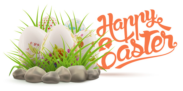 Easter postcard with decorated eggs and green grass vector 05  