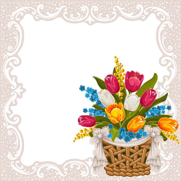 Flower basket and vintage frame vector  