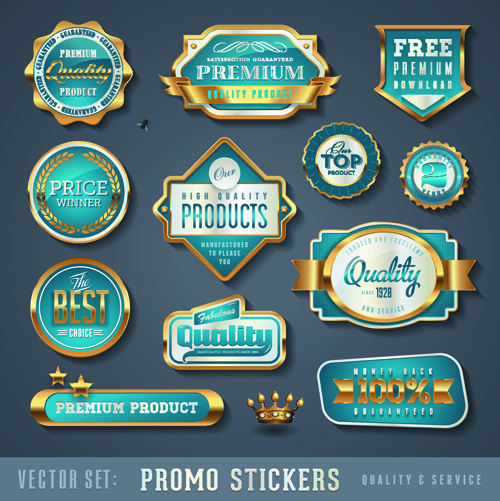 Golden promo stickers labels vector set 01  