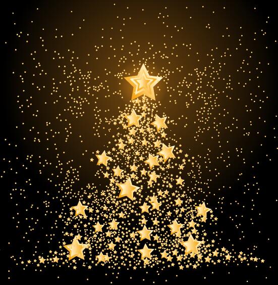 Golden stars with christmas tree vector material  