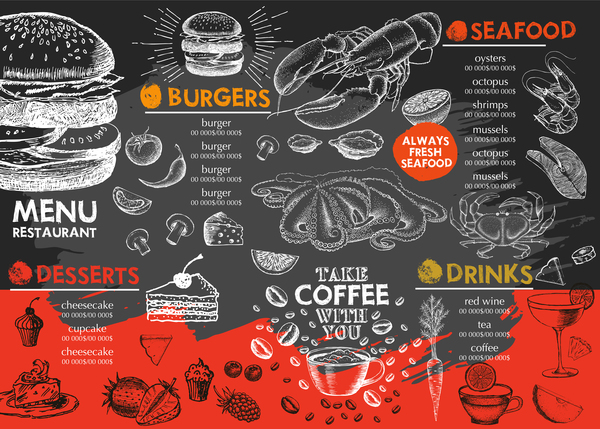 Hand drawn seafood menu template vector 04  