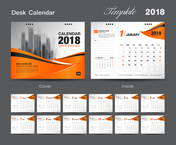 Orange cover desk calendar for 2018 year vector template 10  