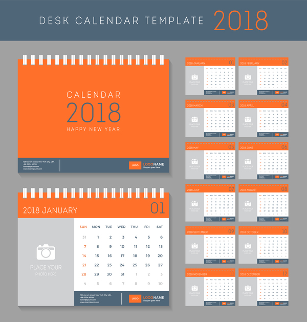Orange red disk calendar 2018 templates vector  