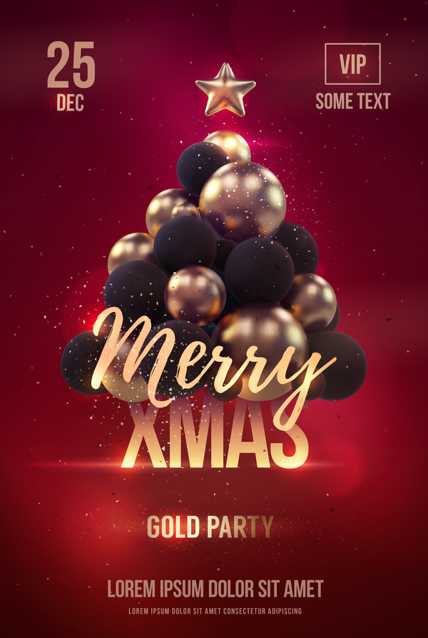Red xmas party flyer template with balloon christmas tree vector 01  