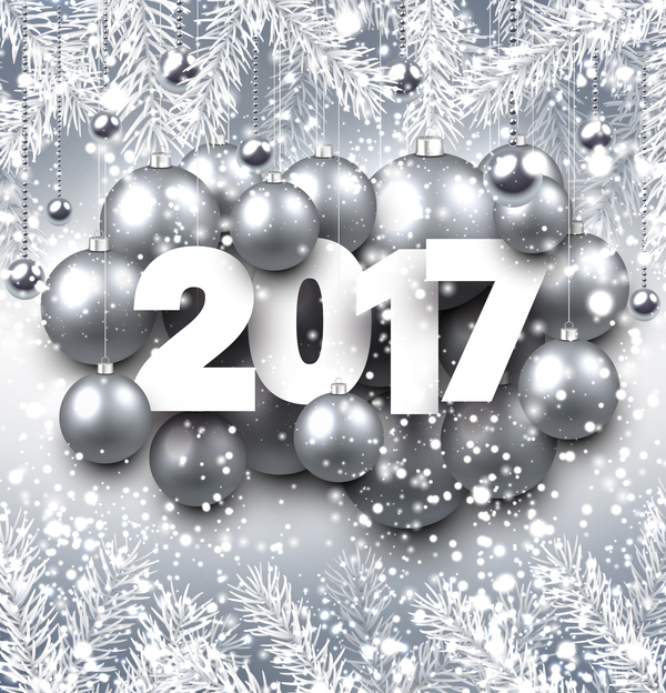 Silver christmas baubles with 2017 new year shining background vector 03  
