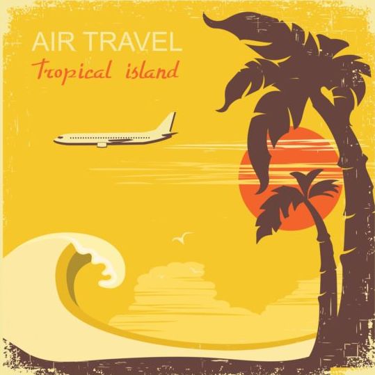 Tropische Insel Flugreise Vintage-Plakatvektor 03  