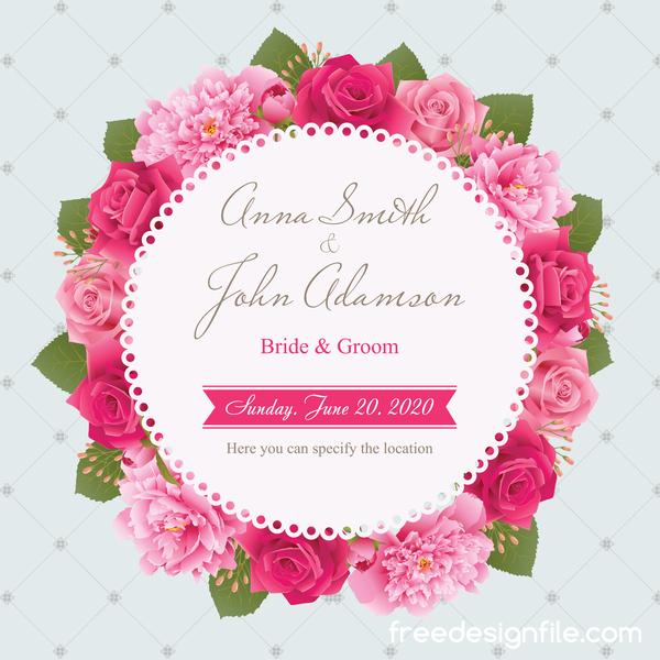 Wedding card with peony and pink roses vectors 03  
