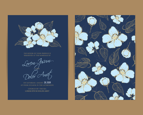 Hochzeitseinladung mit dunkelblauen Blüten Vektor 01  