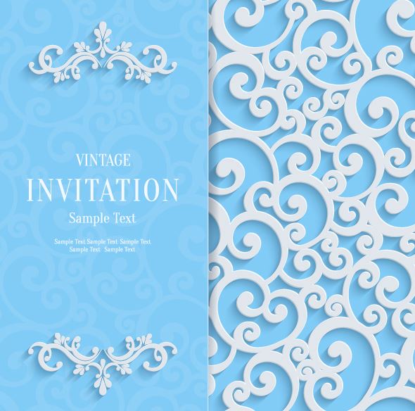 White swirl floral with blue invitation card vector 02  