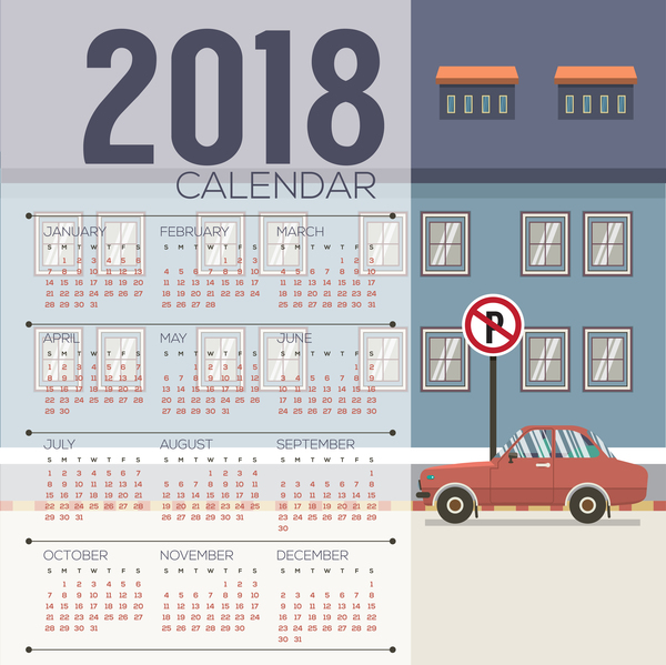 2018 modèle de vecteur de calendrier ville 01  