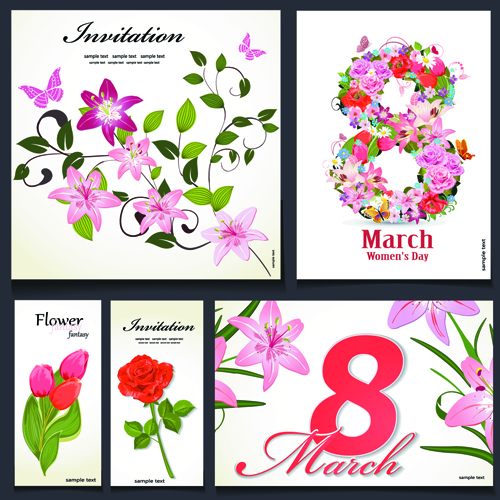 8 march flower Invitation cards vectors set 01  