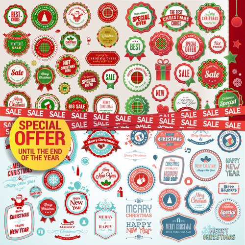 Badges with labels christmas retro vector  
