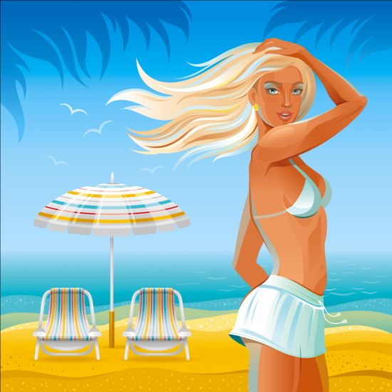 Schönes Mädchen mit Sommer-Strandhintergrund Vektor 06  