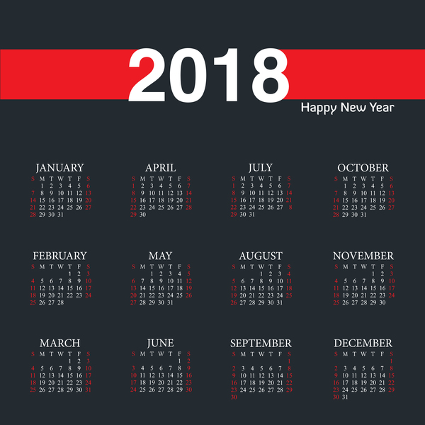 Noir avec la conception de vecteur modèle calendrier 2018 rouge  