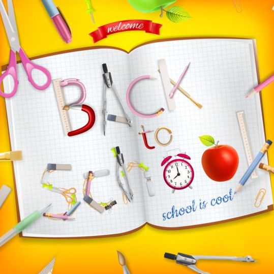 Blanco boek achtergrond met school supplies vector  
