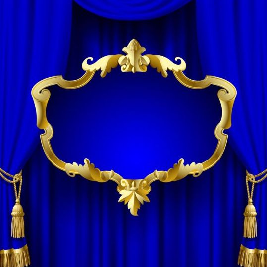 金色のフレームベクトルを持つ青いカーテン  