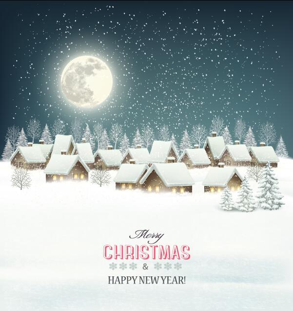 Christmas background with winter landscare and village vector  