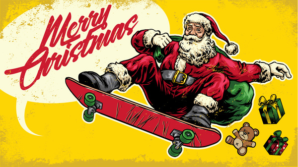 Christmas greeting card with santa claus ride skateboard vector 06  
