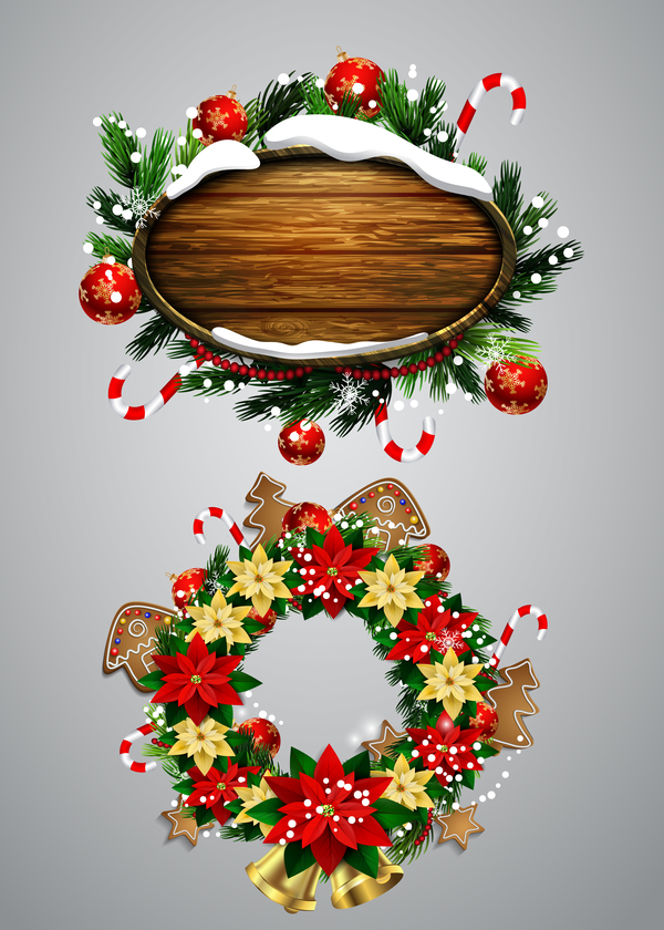 Christmas wreaths with wooden labels vector material 02  